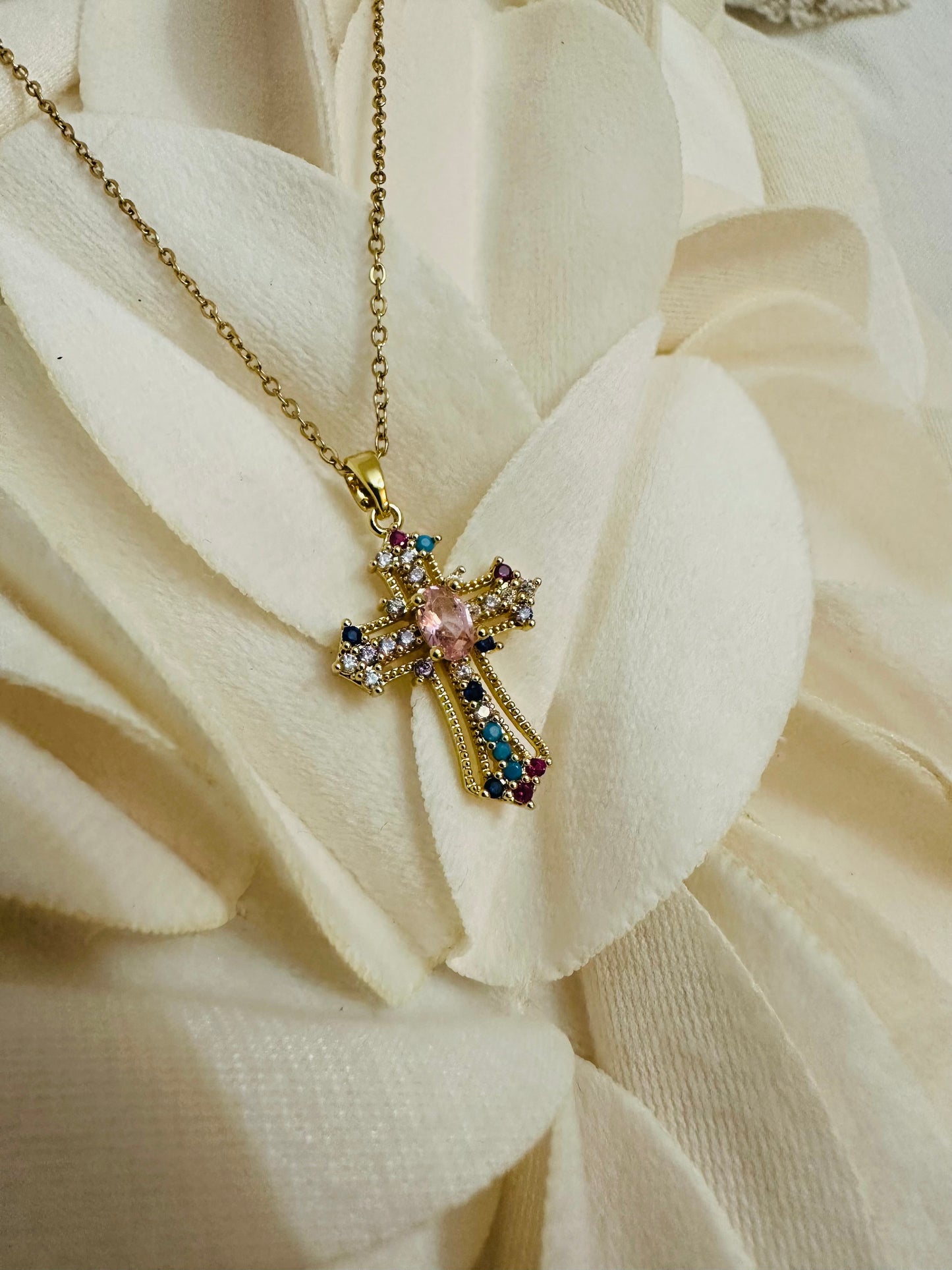 Delicate rainbow cross necklace